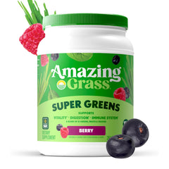 Amazing Grass Greens Blend Berry Shake Glass demonstrates convenient daily nutrition from greens.