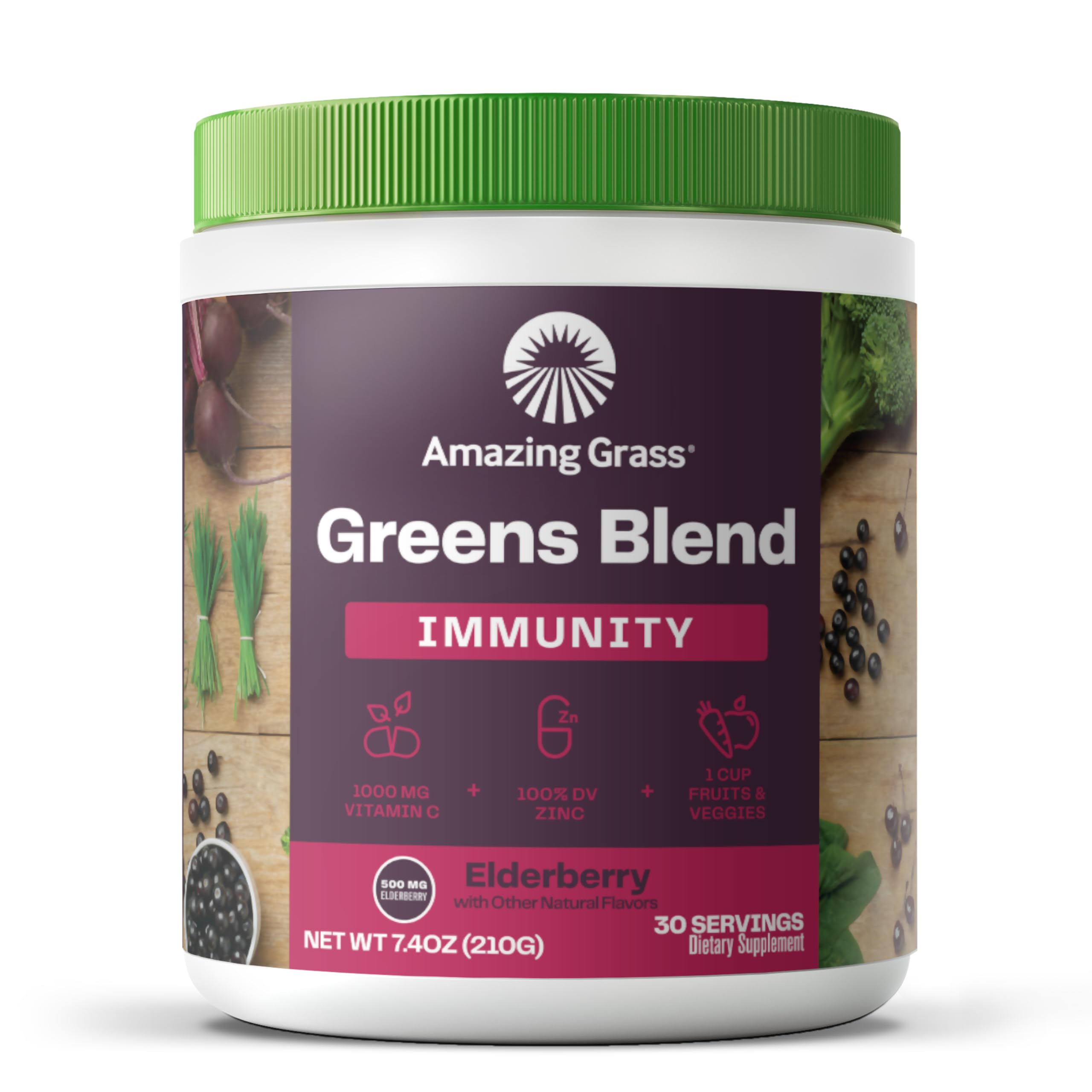 Amazing Grass Greens Blend bottle emphasizes organic greens for daily digestion support.