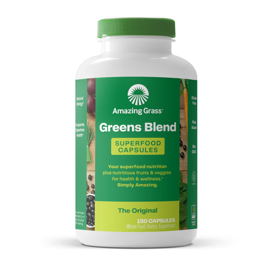 Amazing Grass Greens Blend capsules bottle close-up for convenient daily nourishment.