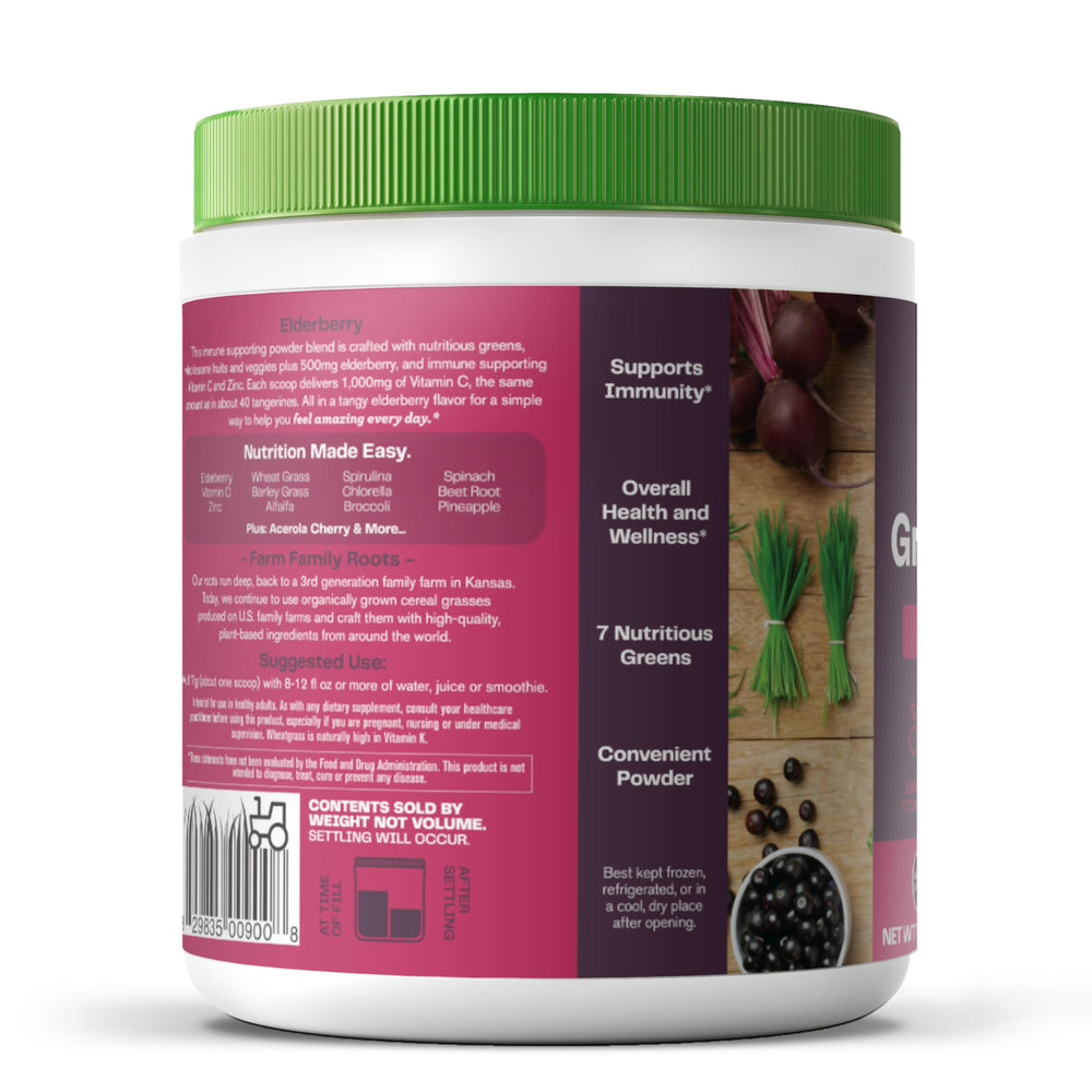 Package with elderberry and greens suggests immune wellness support.