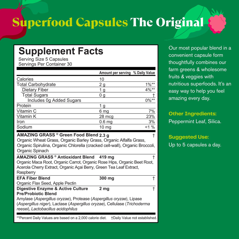 Amazing Grass Greens Blend featuring spirulina and chlorella for nutrient-dense greens.