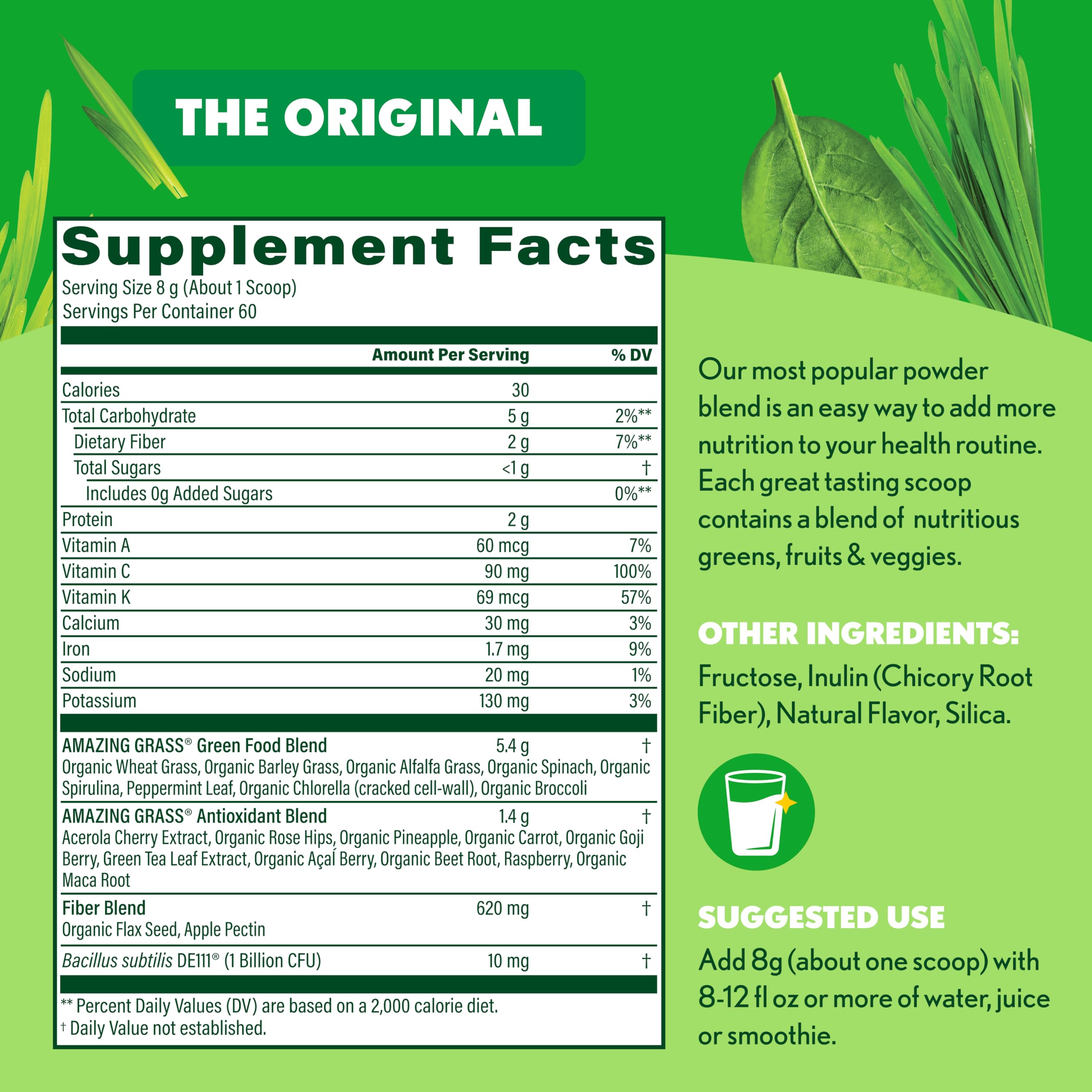 Amazing Grass Greens Blend organic certification label signals clean, plant-based nutrition