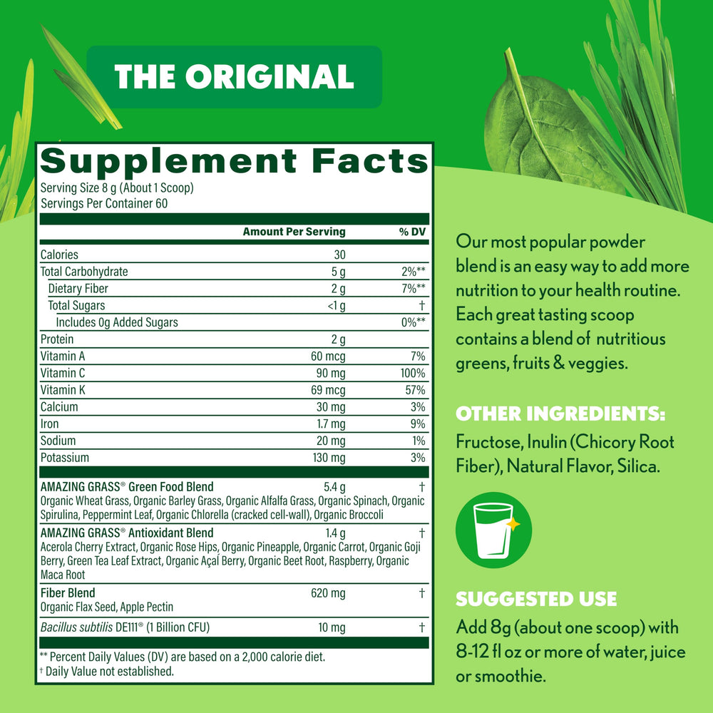 Amazing Grass Greens Blend organic certification label signals clean, plant-based nutrition