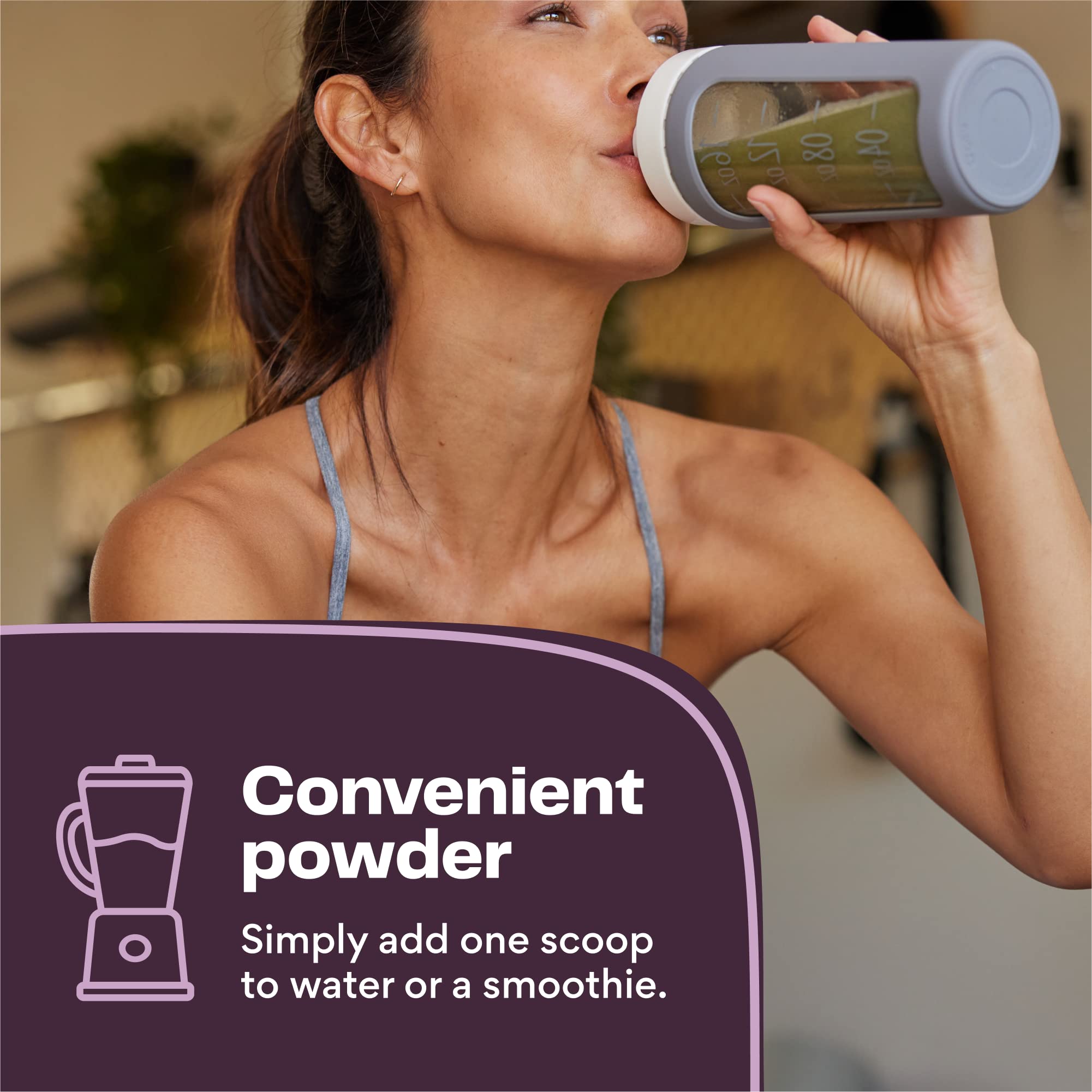 Glass of smoothie made with Amazing Grass Greens Blend and fruit for a balanced snack.