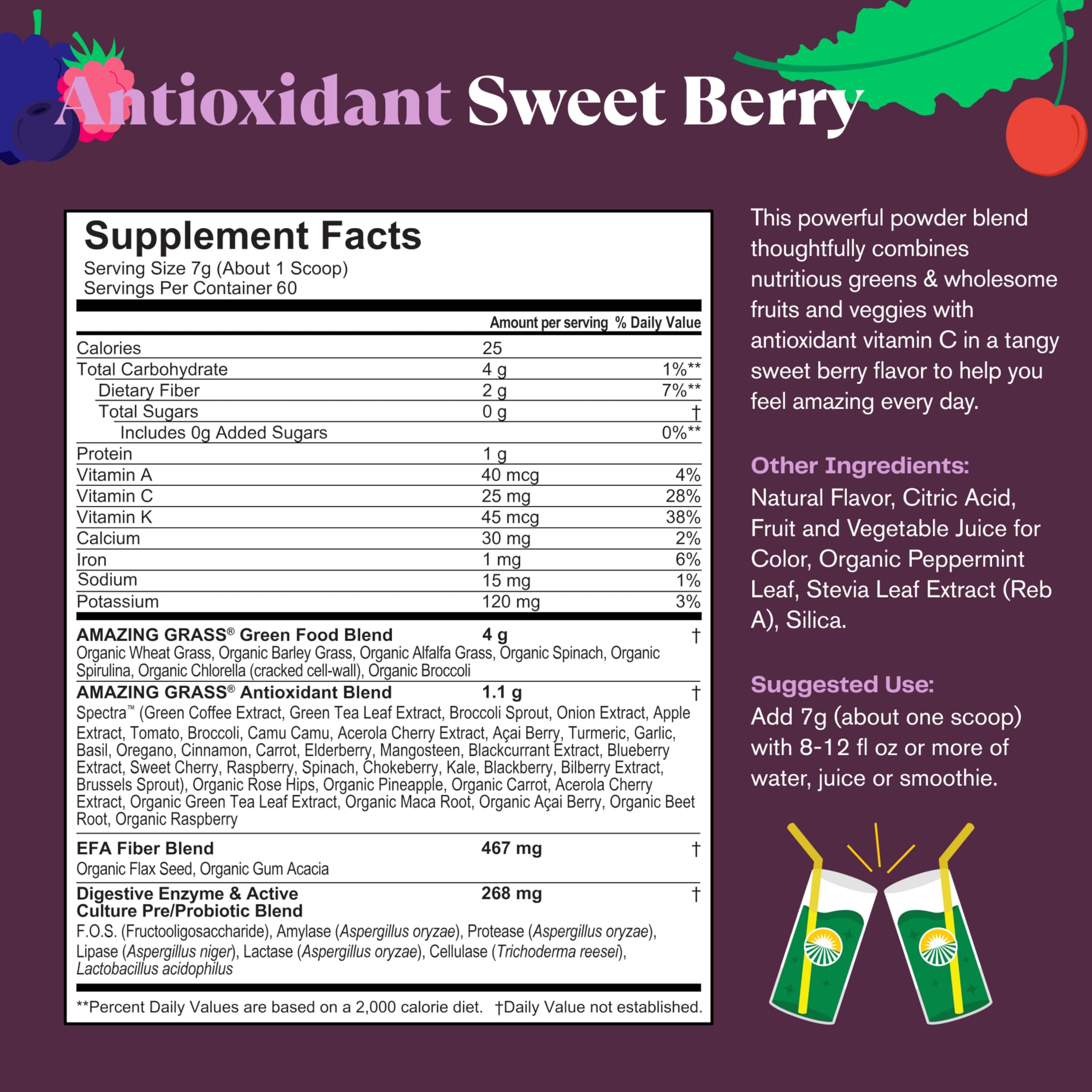 Amazing Grass Greens Superfood glass with mix shows vibrant berry flavor and hydration