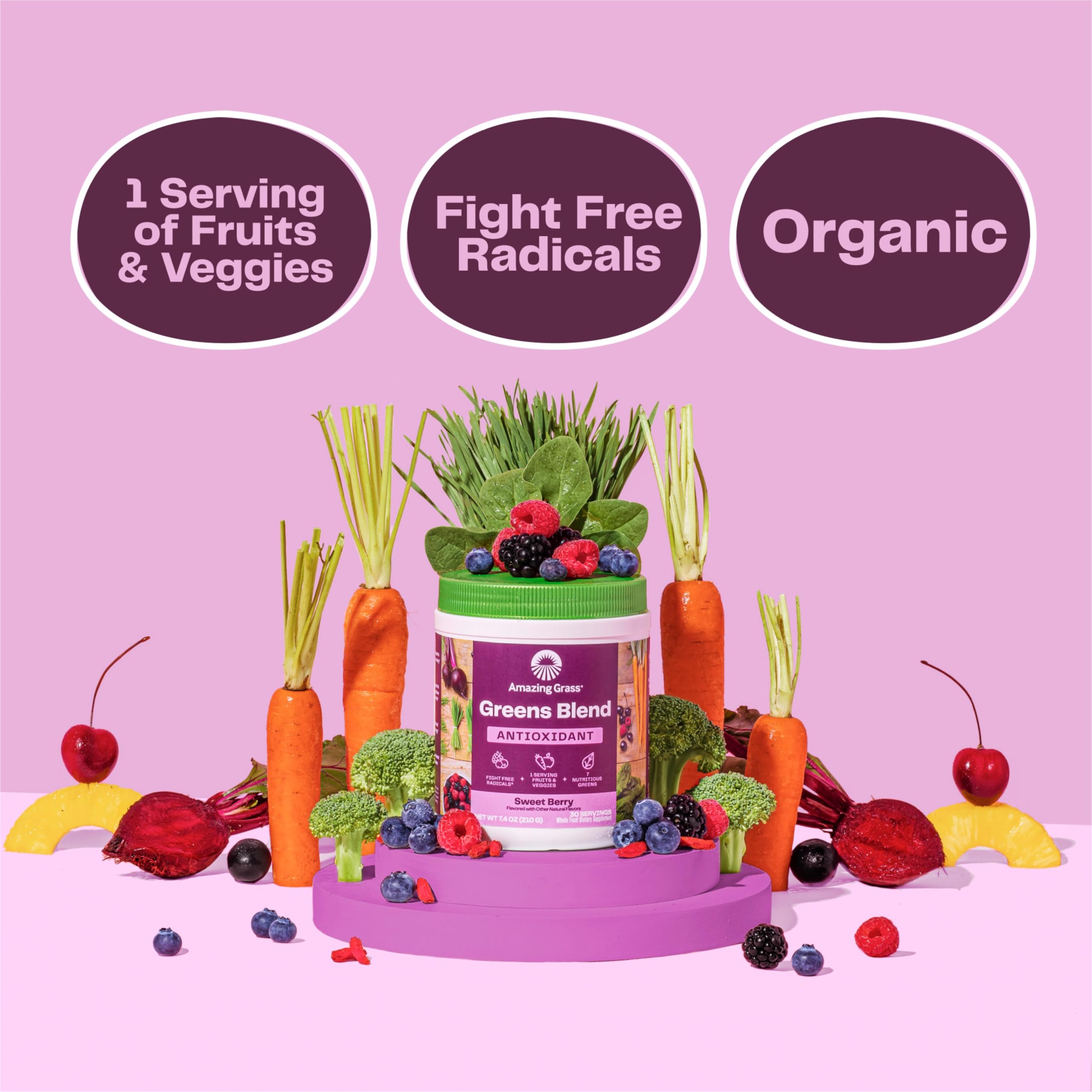 Amazing Grass Greens Superfood berry scoop demonstrates easy one-scoop daily nutrition