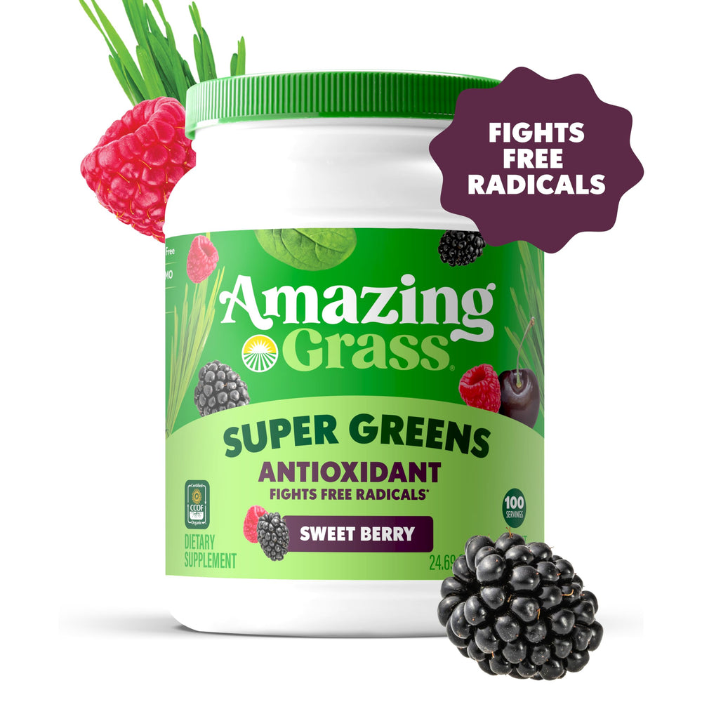 Amazing Grass Greens Superfood ingredients label highlights organic greens and antioxidants