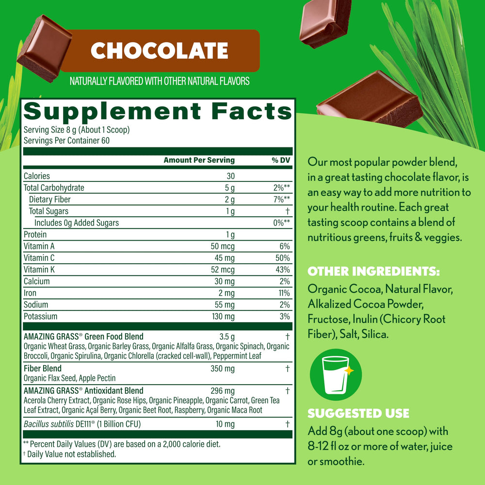 Chocolate greens powder dissolves in liquid with natural cacao flavor