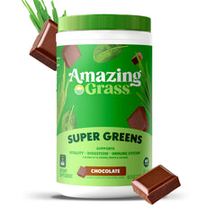 Amazing Grass greens powder being poured into glass for quick smoothie or water