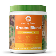 Amazing Grass Immunity Green Superfood jar label highlights tangy flavor and key nutrients.