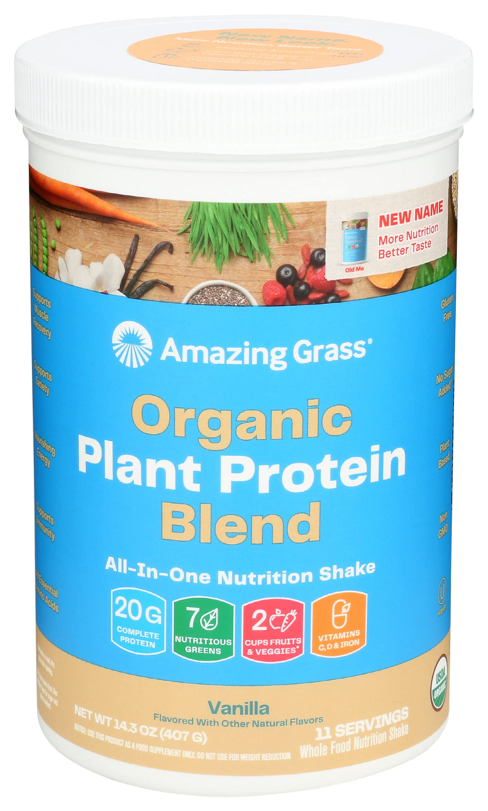 Amazing Grass Organic Plant Protein Blend bottle pour showing convenient vegan nutrition on the go