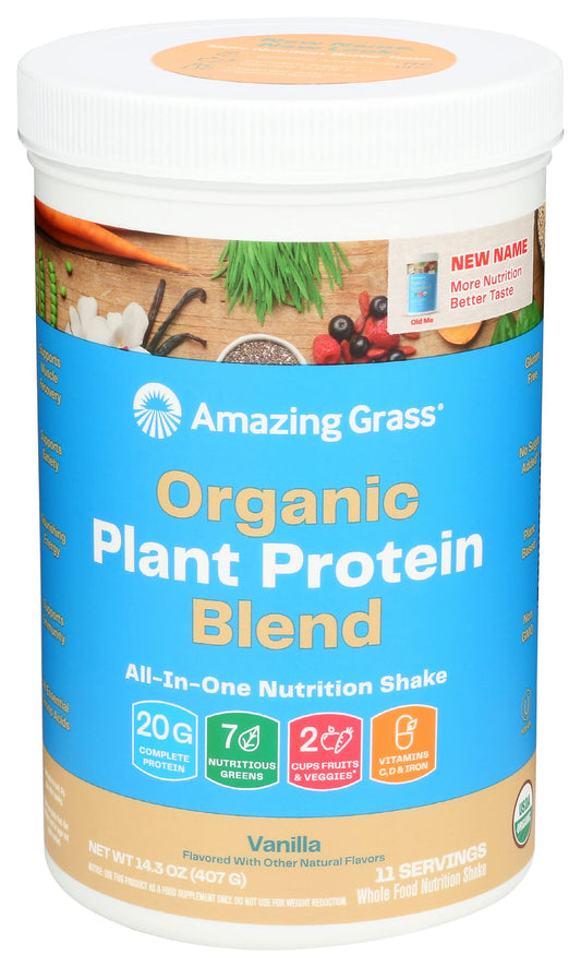 Amazing Grass Organic Plant Protein Blend bottle pour showing convenient vegan nutrition on the go
