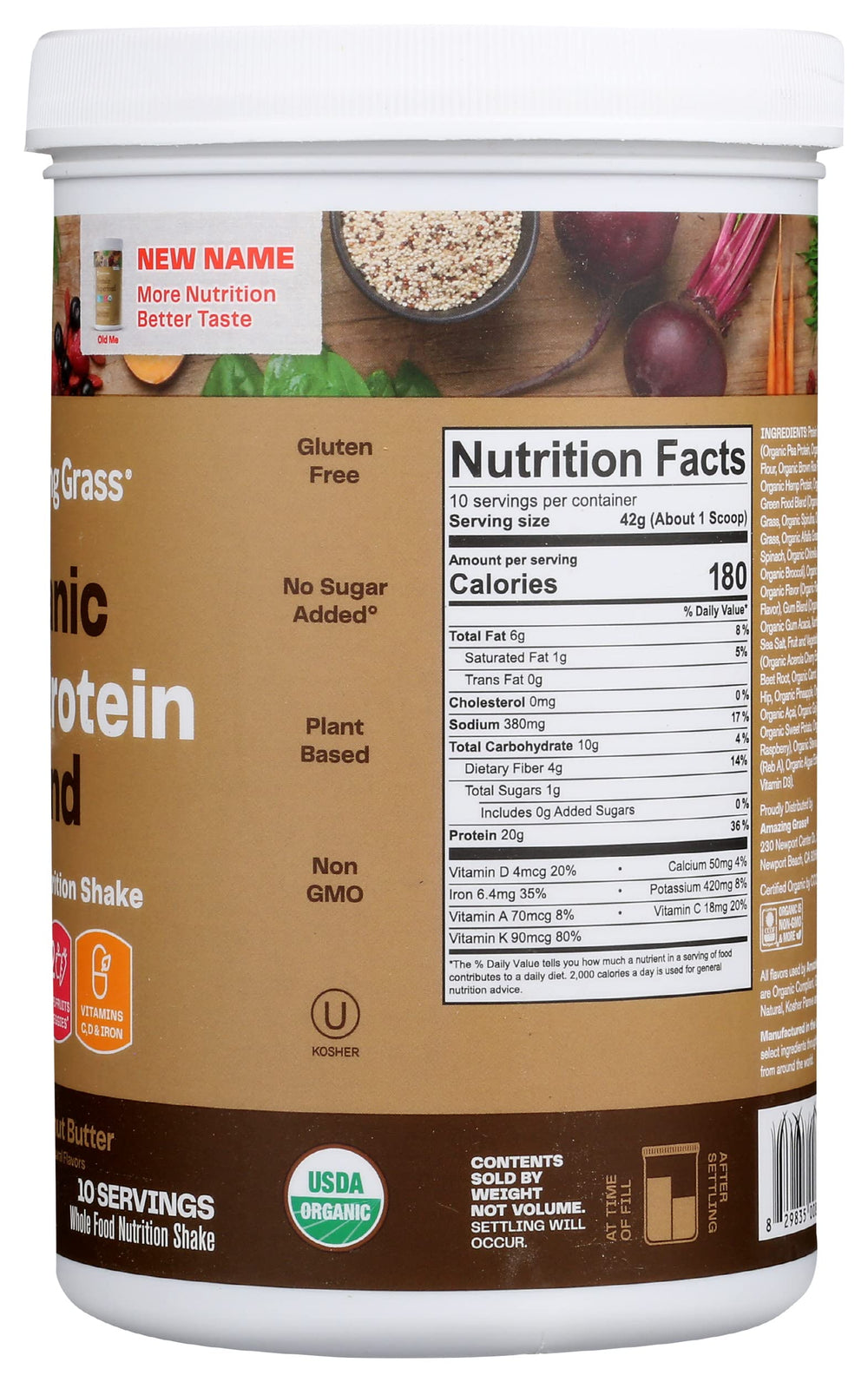 Back-of-label shows greens, vitamins C and D, iron, and nutrients