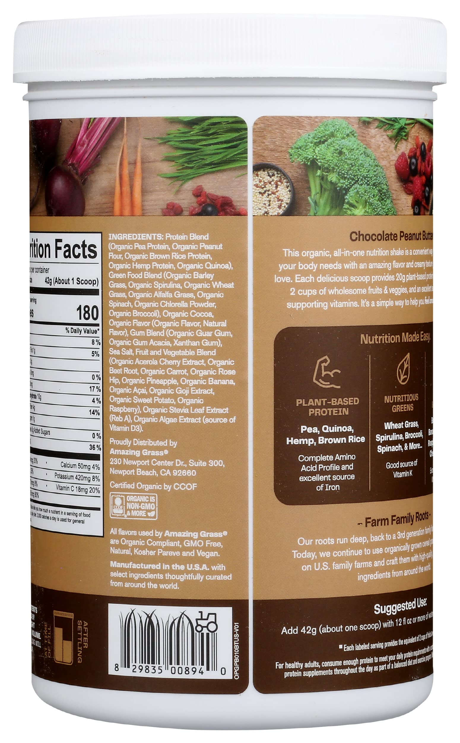 Amazing Grass chocolate peanut butter protein blend being poured for a creamy shake