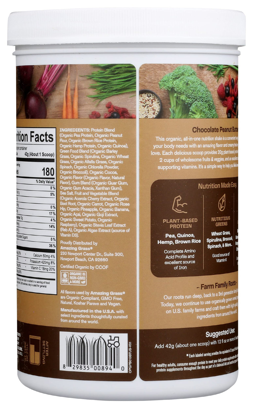 Amazing Grass chocolate peanut butter protein blend being poured for a creamy shake