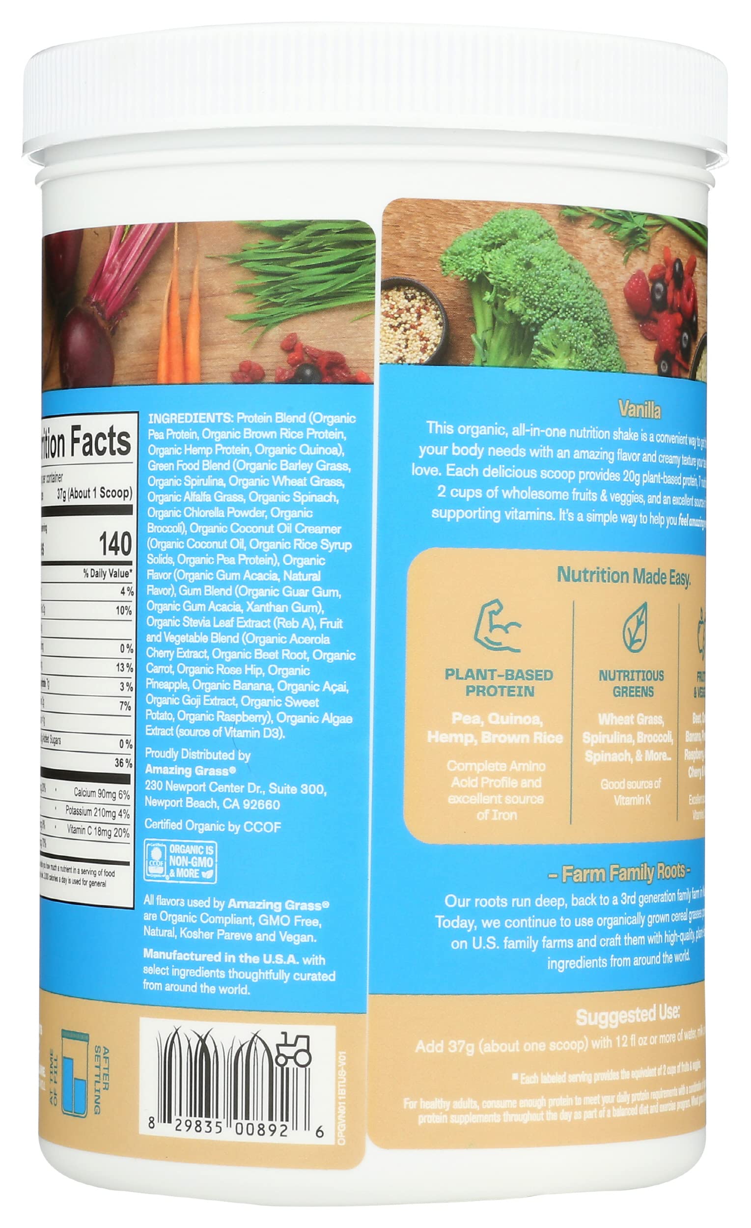 Amazing Grass Organic Plant Protein Blend creamy vanilla shake in a glass