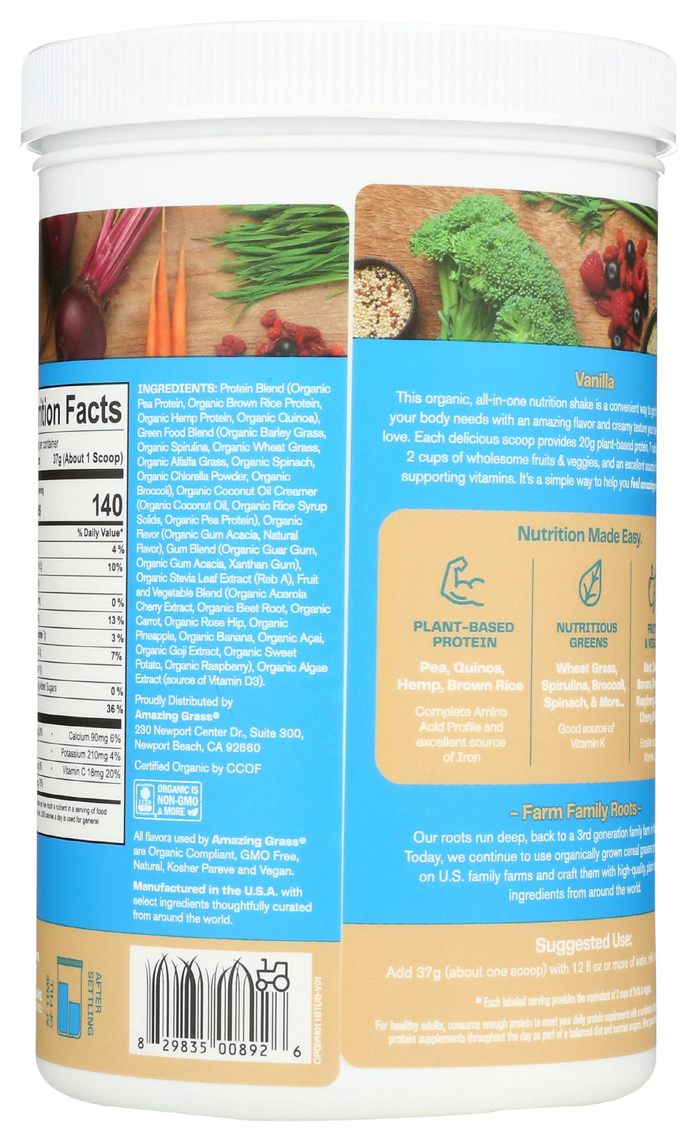 Amazing Grass Organic Plant Protein Blend creamy vanilla shake in a glass