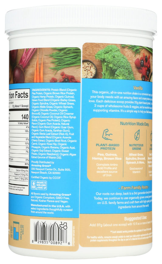 Amazing Grass Organic Plant Protein Blend creamy vanilla shake in a glass
