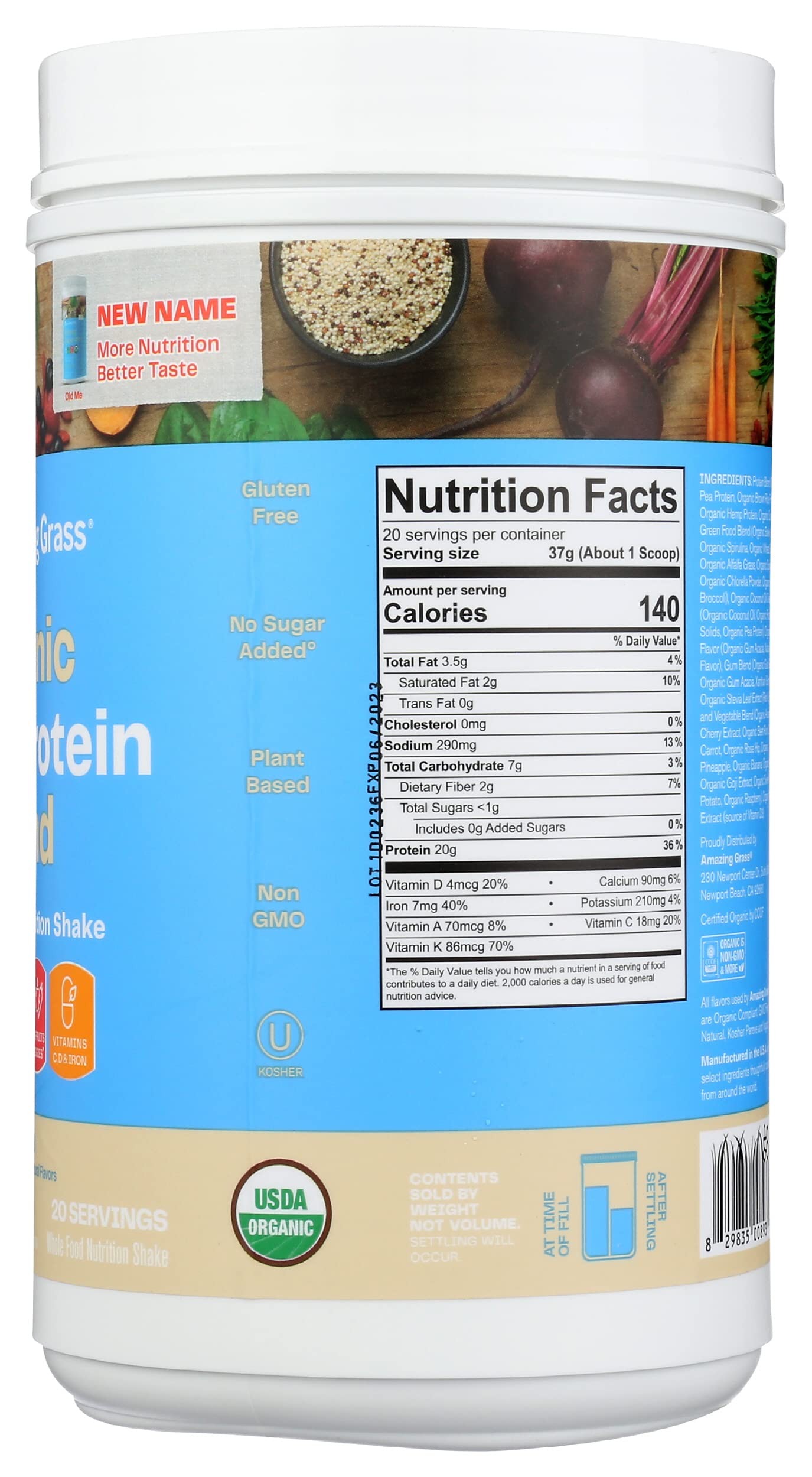 Amazing Grass Organic Plant Protein Blend ingredients page draws attention to pea, rice, quinoa and hemp.