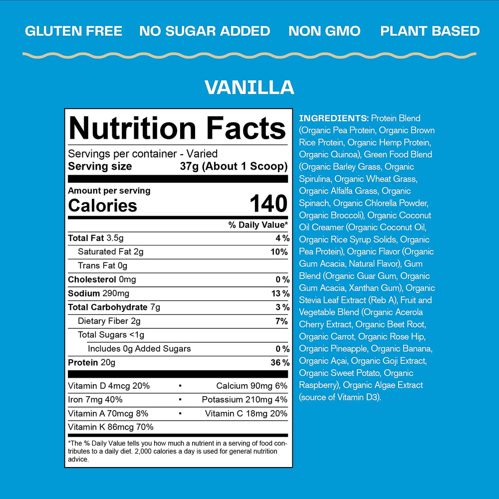 Amazing Grass Organic Plant Protein Blend label emphasizes clean ingredients and vegan protein.