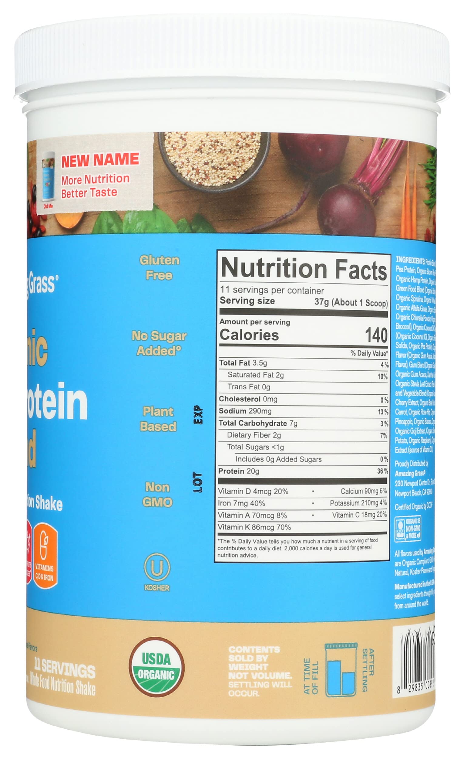 Amazing Grass Organic Plant Protein Blend nutrition label highlighting protein and vitamins
