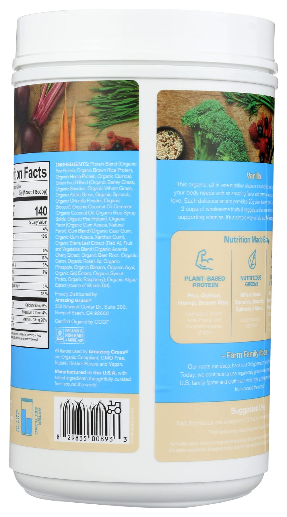 Amazing Grass Organic Plant Protein Blend pour captures creamy shake with convenient all-in-one nutrition.