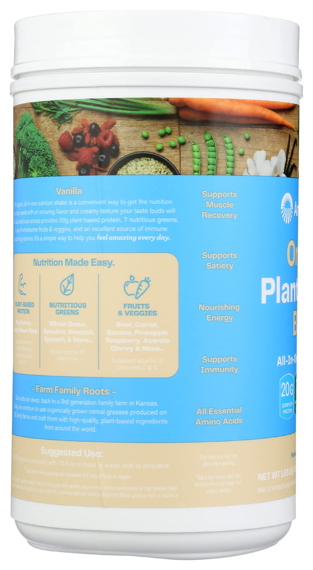 Amazing Grass Organic Plant Protein Blend vanilla swirl highlights creamy texture and vanilla aroma.
