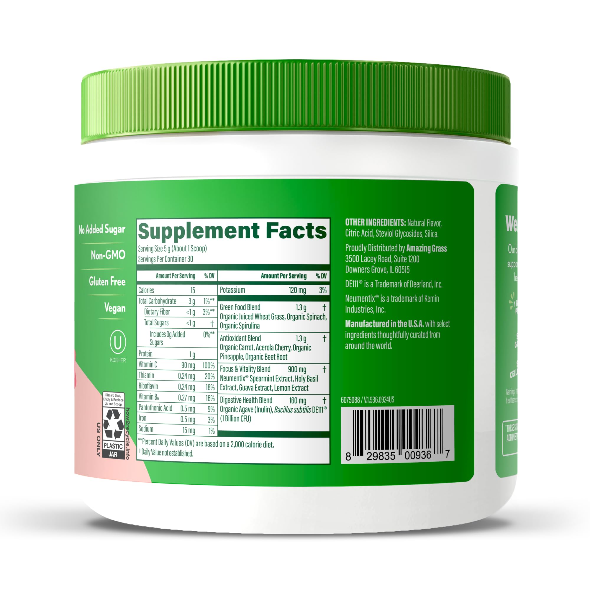 Daily-use scoop of Amazing Grass Sweet Greens Peach Hibiscus powder ready