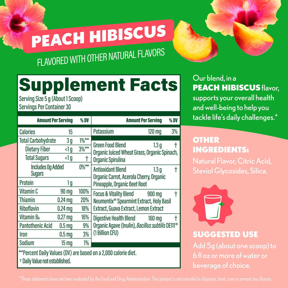 Glass of smoothie made with Amazing Grass Peach Hibiscus greens blend