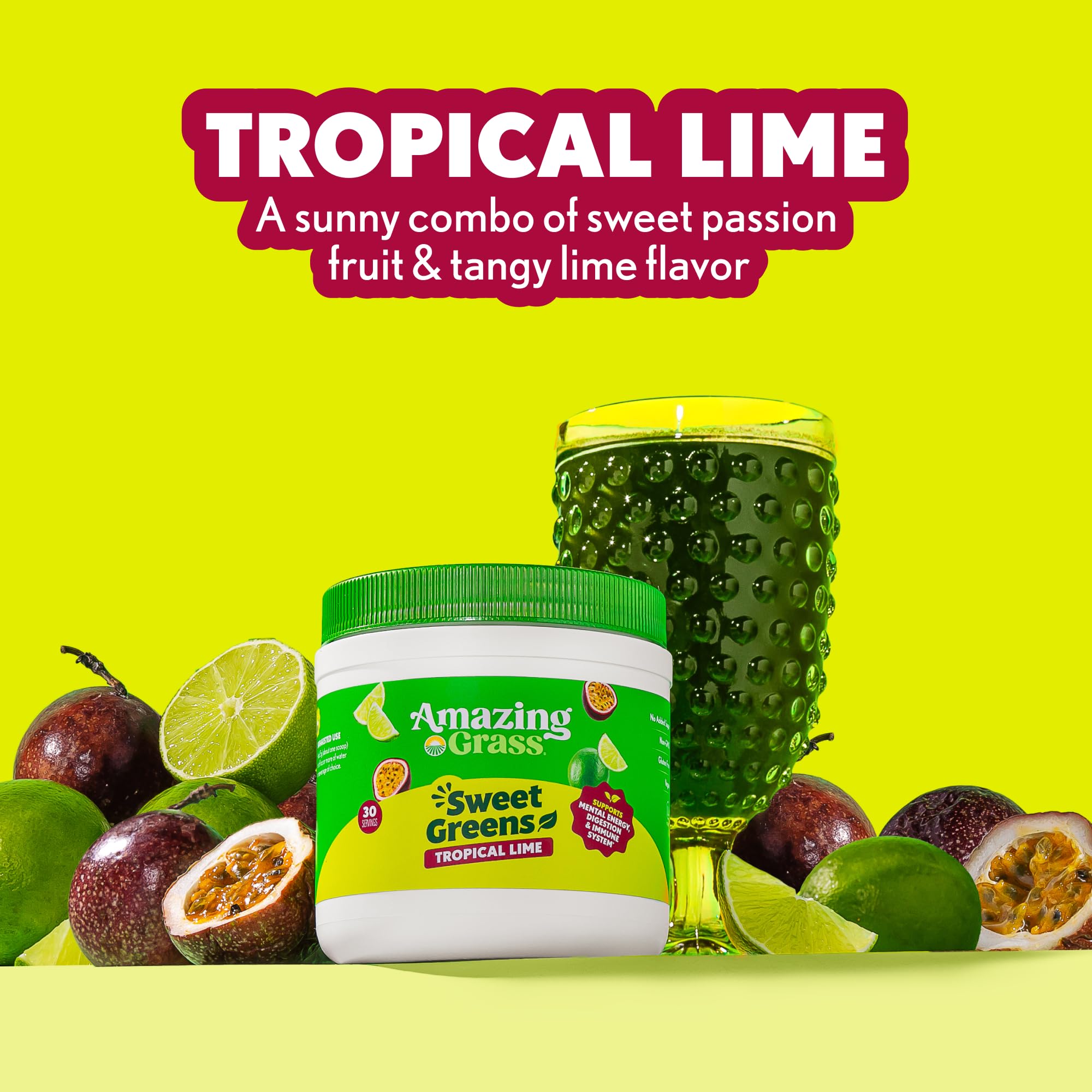 Amazing Grass Sweet Greens Tropical Lime scoop indicates easy daily mix for smoothies