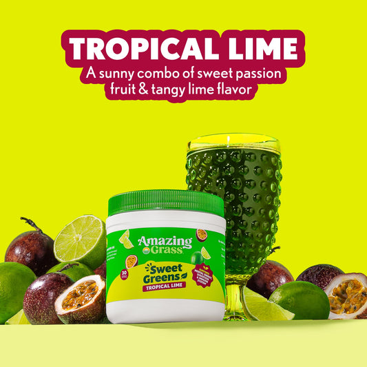 Amazing Grass Sweet Greens Tropical Lime scoop indicates easy daily mix for smoothies