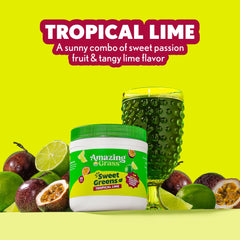 Amazing Grass Sweet Greens Tropical Lime scoop indicates easy daily mix for smoothies