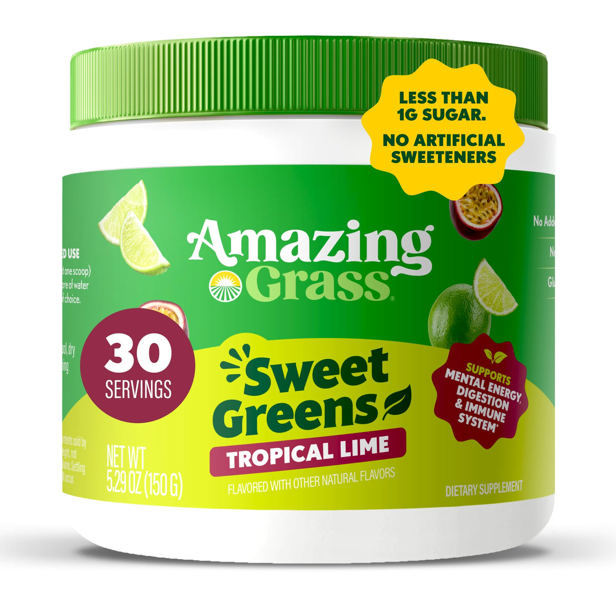 Amazing Grass Sweet Greens Tropical Lime tub front shows vibrant greens powder for daily energy