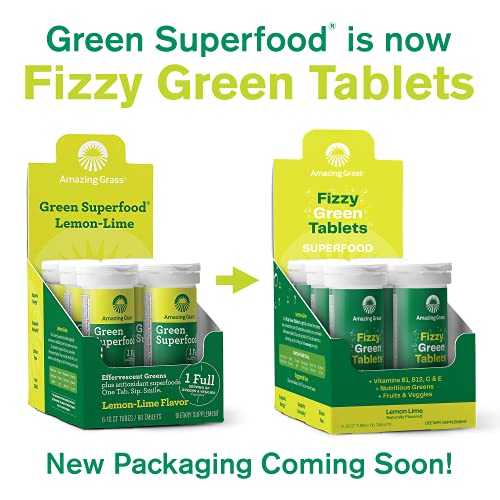 Amazing Grass Lemon Lime tablet fizzing in water for a refreshing greens boost.