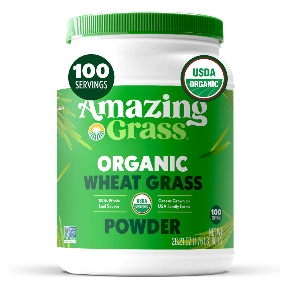 Amazing Grass Wheat Grass powder bottle highlights organic whole-leaf greens for daily energy.