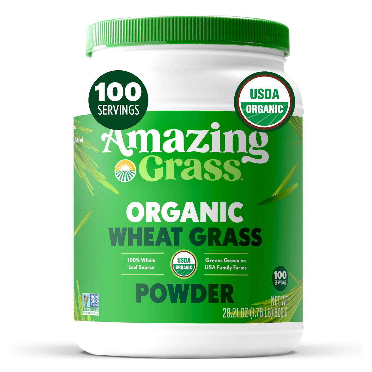 Amazing Grass Wheat Grass powder bottle highlights organic whole-leaf greens for daily energy.