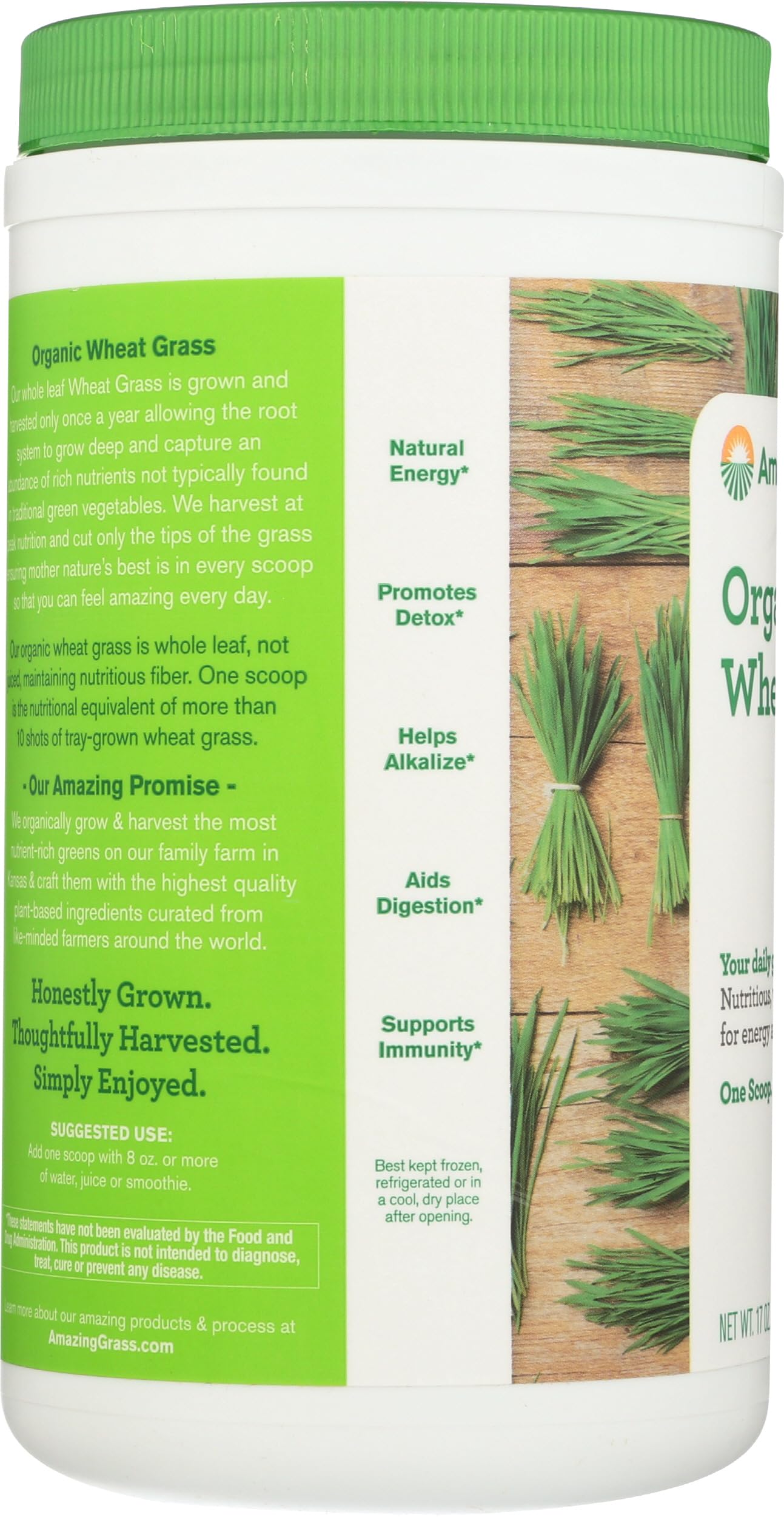 Amazing Grass Wheat Grass Powder with organic certifications badge.