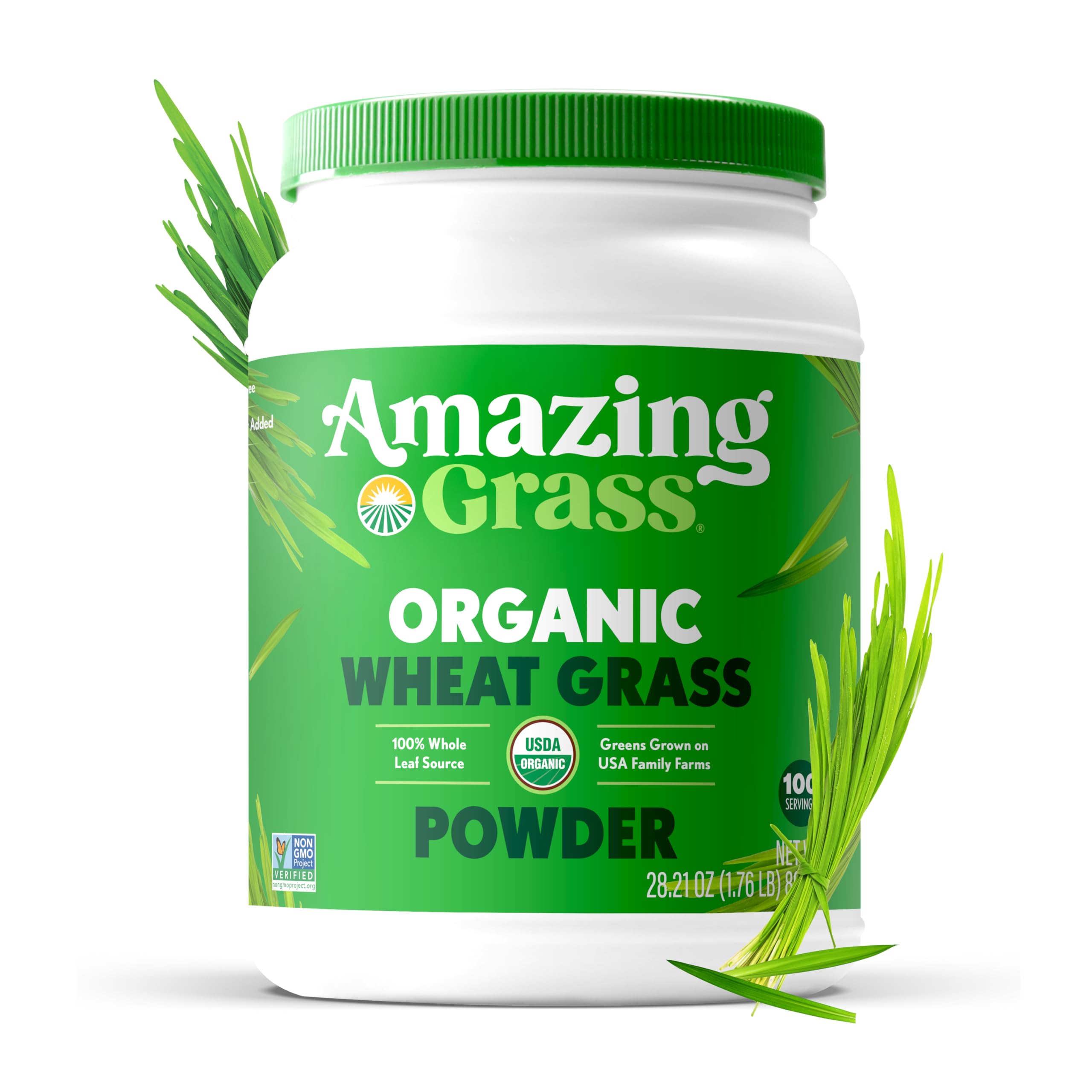 Amazing Grass Wheat Grass powder being poured into a glass suggests easy daily detox support.