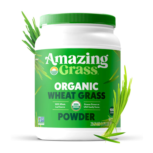 Amazing Grass Wheat Grass powder being poured into a glass suggests easy daily detox support.