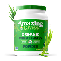Amazing Grass Wheat Grass powder being poured into a glass suggests easy daily detox support.