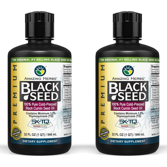 Amazing Herbs black seed oil bottle front promotes digestive support and vitality.