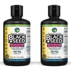 Amazing Herbs black seed oil bottle front promotes digestive support and vitality.