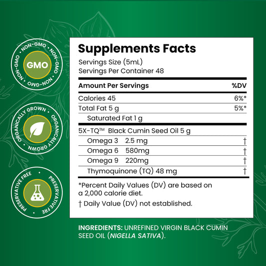 Amazing Herbs Black Seed Oil bottle side emphasizes sustainably sourced seeds for immune support.