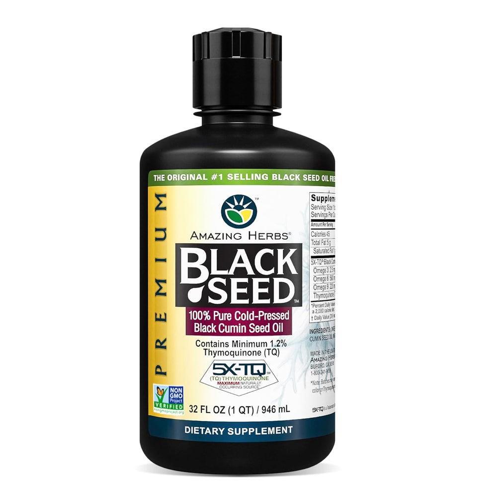 Amazing Herbs black seed oil bottle highlighting premium cold-pressed oil for daily immune support.