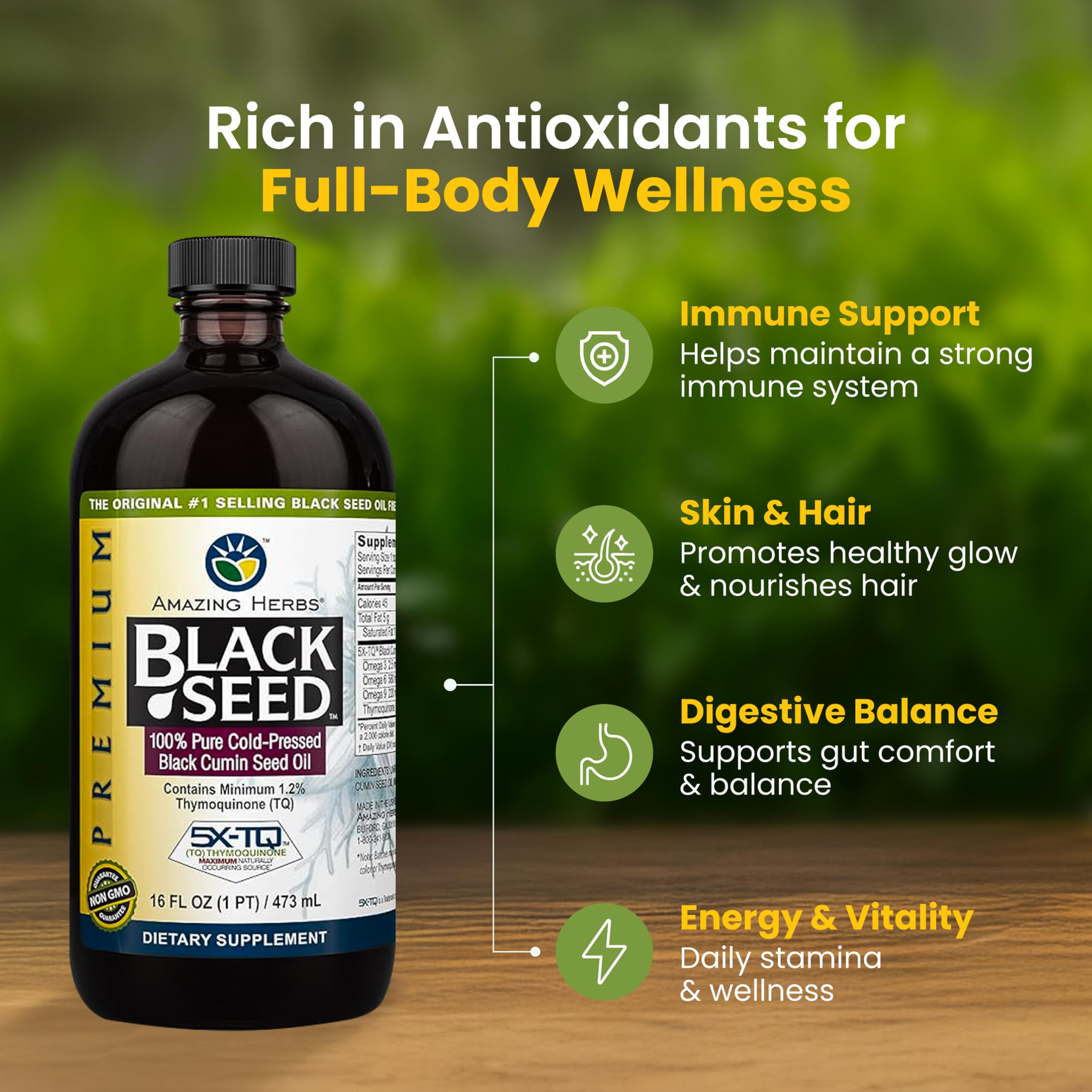 Amazing Herbs label shows cold-pressed origin and gluten-free status.