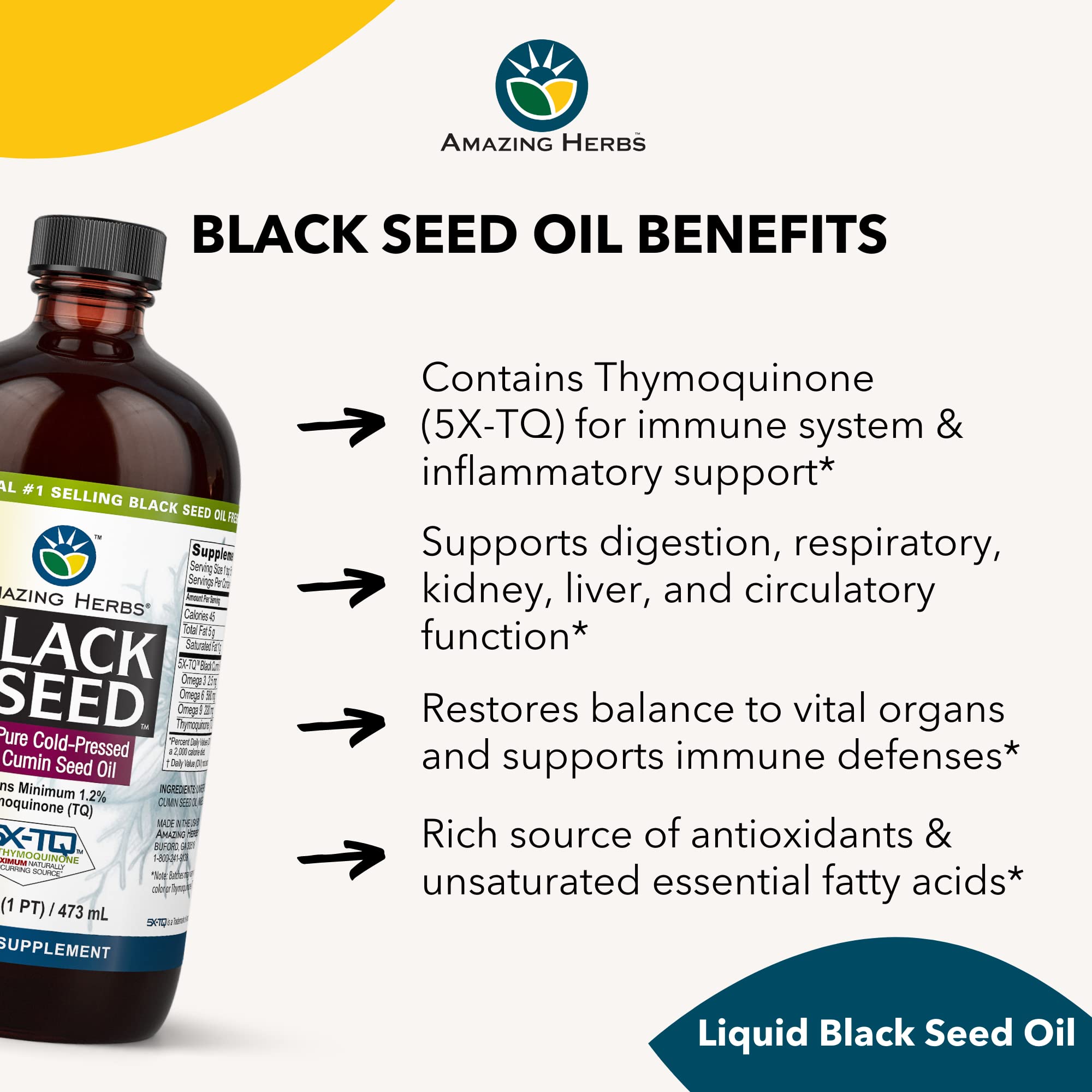 Amazing Herbs Black Seed Oil label shows gluten-free and non-GMO claims.