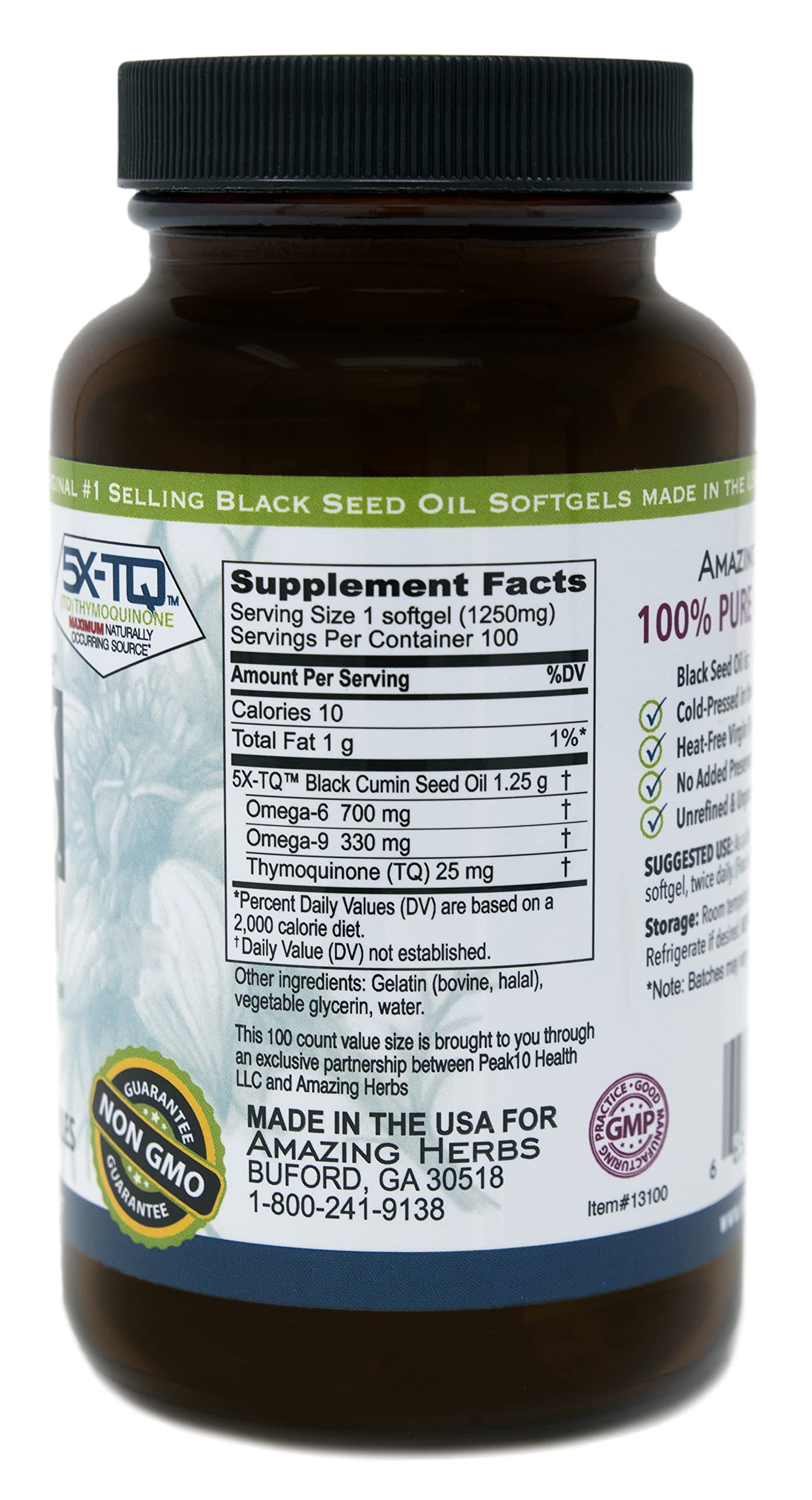 Amazing Herbs softgel capsules closeup showing durable shell and premium 1250 mg strength