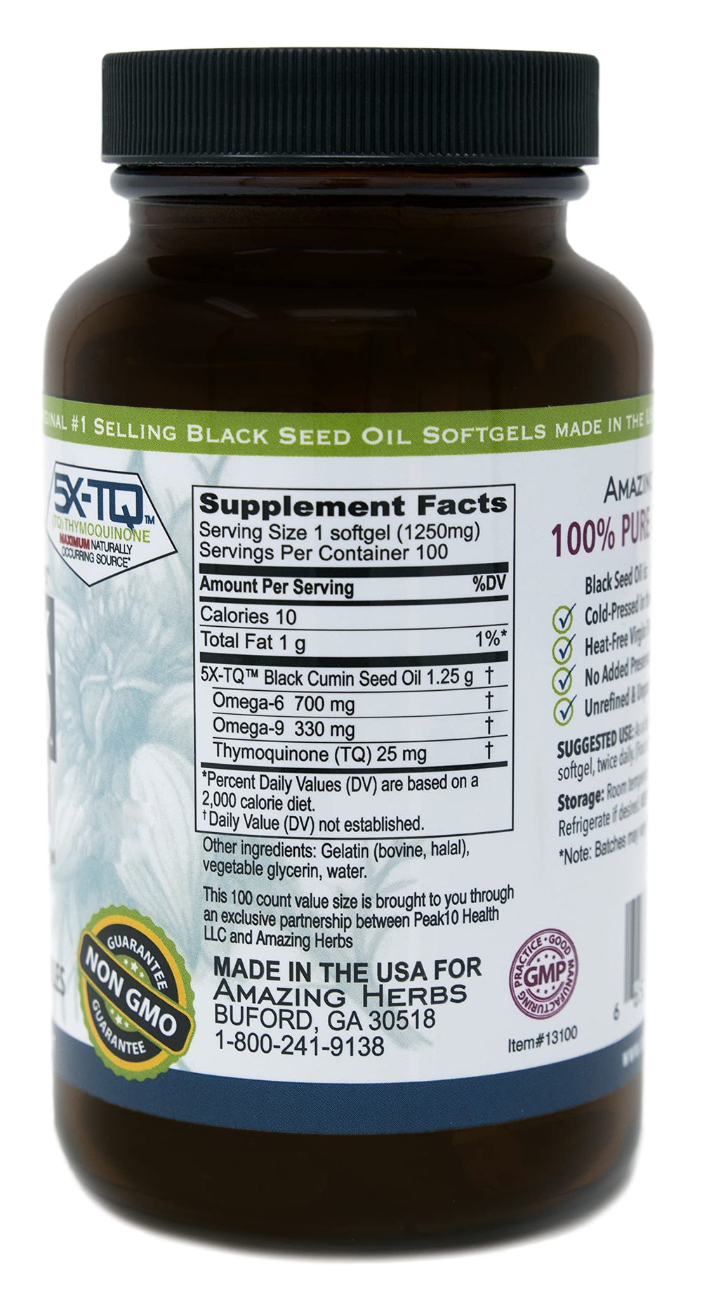 Amazing Herbs softgel capsules closeup showing durable shell and premium 1250 mg strength