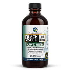 Amazing Herbs black seed and pumpkin oil bottle close-up for daily wellness