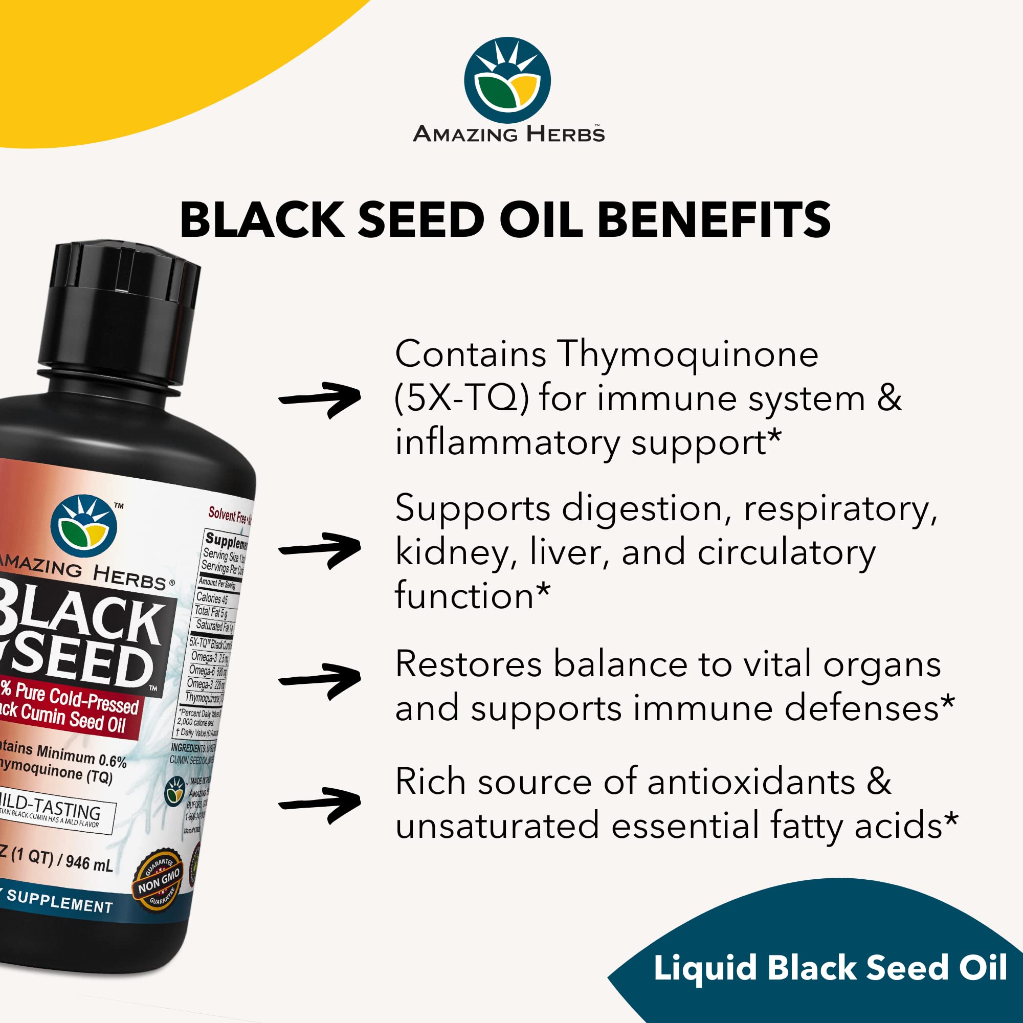 32 oz Amazing Herbs Egyptian Black Seed Oil bottle on kitchen counter.
